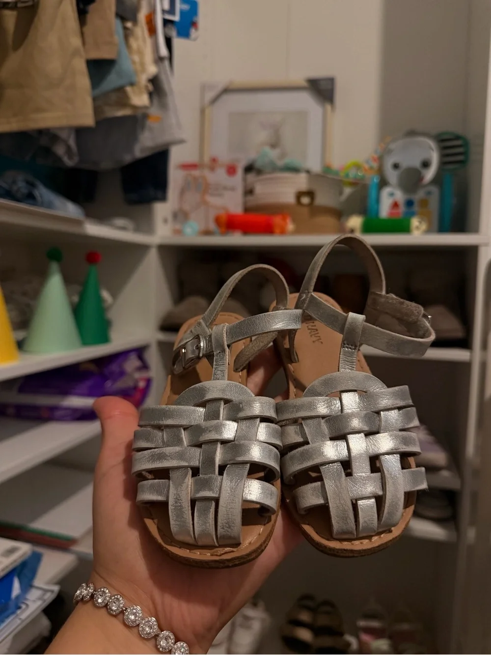 Kids Silver Woven Leather Sandals
